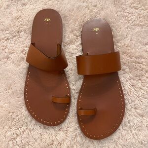 Zara Brown Leather Slide Sandals
